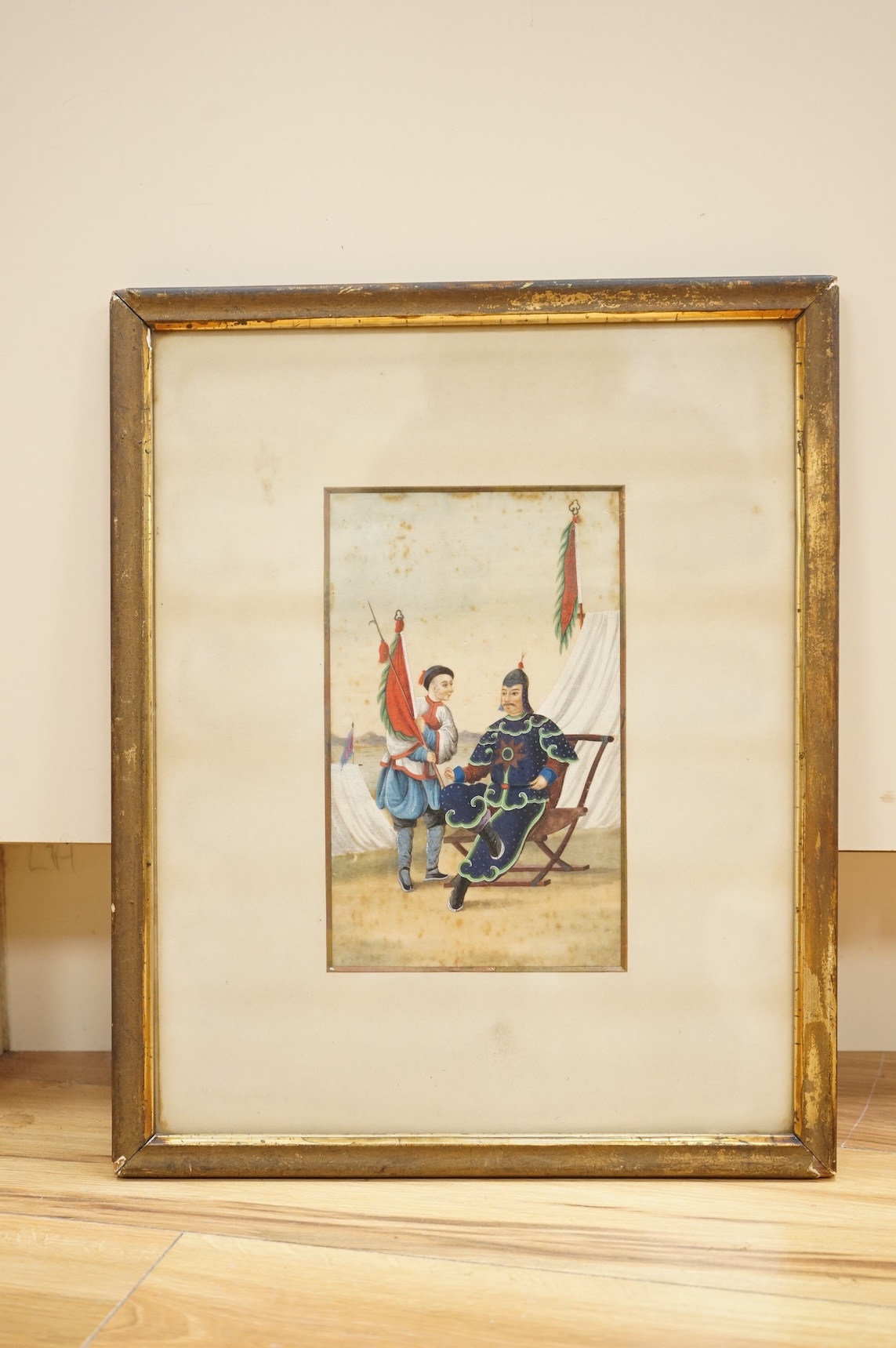 19th century, Chinese School, Portrait of a General and attendant, pith paper painting, 23 x 13cm